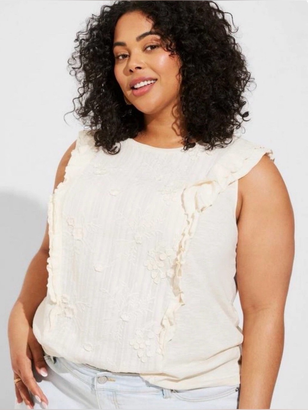 Torrid Cotton Slub Woven Embroidery Front Crew Neck Ruffle Sleeve Top Size 4X